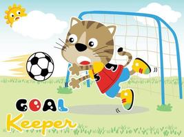 komisch Katze spielen Fußball, süß Sonne hinter Wolken, Vektor Karikatur Illustration