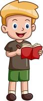 söt skola pojke tecknad serie läsning en bok vektor