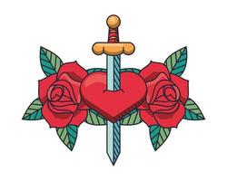 hjärta med svärd och rosor för alla hjärtans dag vektor