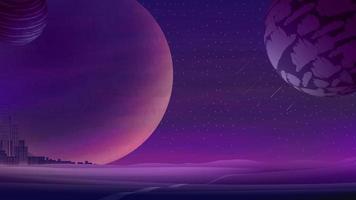 Weltraumlandschaft mit großen Planeten auf lila Sternenhimmel und Stadt am Horizont, Natur auf einem anderen Planeten. Vektorillustration. vektor