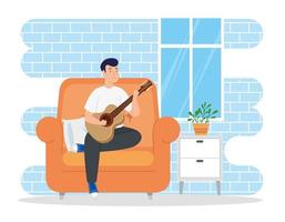 kampanj stanna hemma med mannen i vardagsrummet och spela gitarr vektor