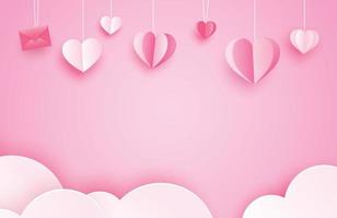 glad Alla hjärtans dag gratulationskort med papper hjärtan hängande på rosa pastell bakgrund. vektor
