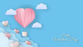 glücklich Valentinstag Tag Gruß Karte im Papier Schnitt Stil. Papier Ballon, Wolken und Herzen. vektor