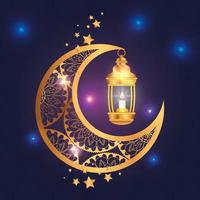 eid mubarak affisch med måne och lykta vektor