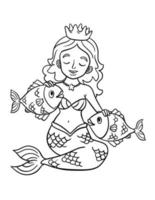 Prinzessin Meerjungfrau und Fisch isoliert Färbung Seite vektor