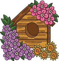 Frühling Vogel Haus mit Blumen Karikatur Clip Art vektor