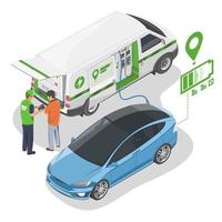 ev bil låg batteri behöver laddning med nödsituation mobil ev laddare service leverans eco företag illustration isometrisk isolerat vektor tecknad serie