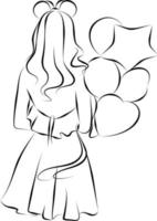 vektor illustration av en skön blond flicka i en klänning med en knippa av ballonger, klotter och skiss stil