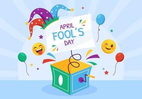 Lycklig april dårar' dag firande illustration bär en gycklare hatt och överraskning för webb baner eller landning sida i platt tecknad serie hand dragen mallar vektor