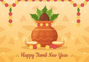 glücklich Tamil Neu Jahr Illustration mit Vishu Blumen, Töpfe und indisch Hindu Festival im eben Karikatur Hand gezeichnet zum Landung Seite Vorlagen vektor