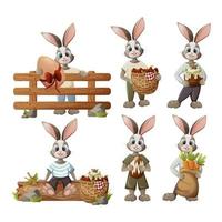 ein einstellen von komisch Ostern Hasen halten ein Kuchen, ein Korbweide Korb mit Eier, ein Tasche von Möhren im ihr Pfoten. Vektor Illustration im Karikatur Stil auf ein isoliert Hintergrund.