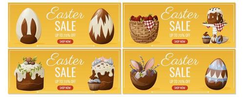 uppsättning av Semester försäljning flygblad för Lycklig påsk. fest attribut, kanin öron, kakor och cupcakes, vår blommor och vide grenar, ägg. vektor illustration för affisch, baner, hemsida.