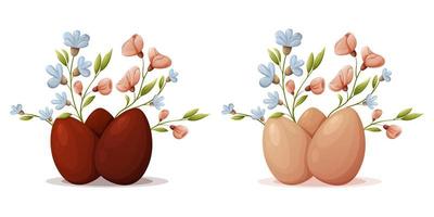 uppsättning av påsk kyckling ägg i röd och naturlig Färg med vår blommor. vektor illustration för en religiös Semester på ett isolerat bakgrund.