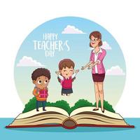 glad lärarkort med lärare och elever i bok vektor