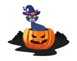 halloween katt med hatt i pumpatecknad vektordesign vektor