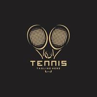 tennis minimalistisk guld logotyp design vektor. korsade svart tennis racketar med en boll vektor