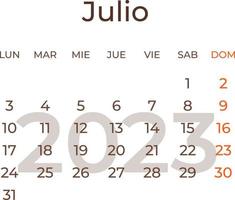 kalender månad juli i spanska 2023. vektor