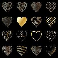 uppsättning av 16 elegant guld hjärtan på en svart bakgrund vektor