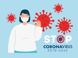 Stoppen Sie die Coronavirus-Kampagne mit einer Frau, die eine Gesichtsmaske trägt vektor