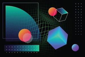 tech trogen vektor illustration med flytande lutning isometrisk geometrisk former med grön böjd rutnät på de svart bakgrund