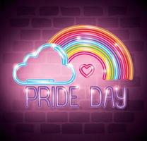 pride day neonljus med regnbåge och moln vektor
