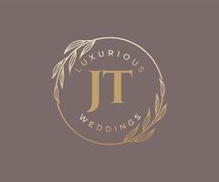 jt Initialen Brief Hochzeit Monogramm Logos Vorlage, handgezeichnete moderne minimalistische und florale Vorlagen für Einladungskarten, Datum speichern, elegante Identität. vektor