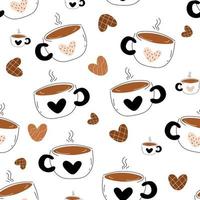 nahtlos Muster mit Hand gezeichnet Kaffee Tassen zum Stoff, Tapeten, Verpackung Papier, Karten und Hintergrund. Morgen Kaffee, Vektor Gekritzel Illustration