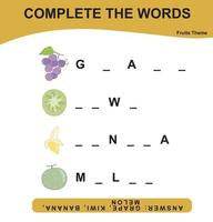 Vad brev är saknas. komplett de ord. frukt tema namn arbetsblad. pedagogisk aktivitet för förskola ungar. förskola utbildning. vektor