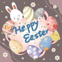 glücklich Ostern Karte mit Hase Küken und bunt Eier vektor