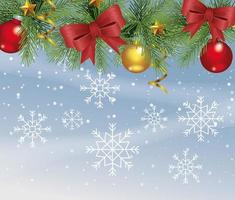 Frohe Weihnachtskarte mit hängenden Bällen und Sternen vektor