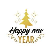 Frohes neues Jahr-Beschriftungskarte mit goldenen Schneeflocken und Weihnachtsbaum vektor