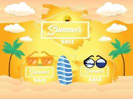 Sommer- Verkauf Banner Vorlage Beförderung mit Produkt 3d Produkt Anzeige. Hallo Sommer- Urlaub Strand horizontal Banner. Hallo Sommer- Ferien Rabatt Reise Poster. bunt tropisch Meer Strand Landschaft. vektor