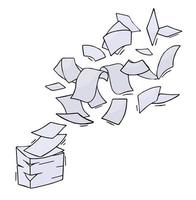 flygande papper. tom ark. kastas objekt. vit skräp. tecknad serie platt illustration. stack och lugg av dokument. kontor element. vektor