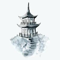 Boote und Gebäude japanisch Aquarell Illustration von ein asiatisch traditionell Landschaft Gemälde mit neblig Seen auf ein Weiß Hintergrund. vektor