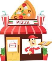 tecknad pizzabutik med leveransman vid fönstret vektor