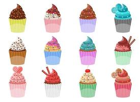 köstliche Cupcake-Vektor-Design-Illustrationsset lokalisiert auf weißem Hintergrund