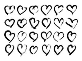 hand dragen borsta hjärtan. uppsättning av tjugo fyra grunge svart klotter hjärtan på vit bakgrund. romantisk kärlek symbol. vektor illustration.