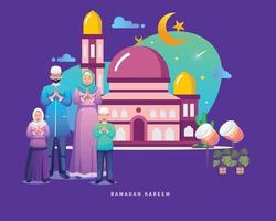 muslim familj . njuter ramadan kareem mubarak tillsammans i lycka under fasta. platt stil vektor illustration