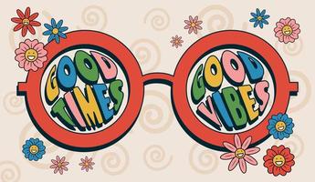 gut mal, gut Stimmung Phrase Innerhalb das rot retro Brille mit Blumen um im das groovig 1970er Jahre Stil, retro Vektor Illustration, Banner, Poster, dekorativ Kunst.