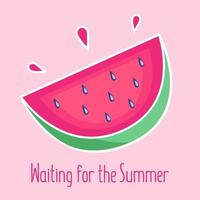 gott vattenmelon frukt bit, halv av de vattenmelon i tecknad serie stil, sommar frukt, vektor affisch, baner med text och fras väntar för de sommar.