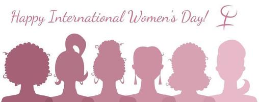 sechs Frauen Rosa Silhouetten und Text Einladung, Postkarte, Gruß Vektor Karte, Banner zum International Damen Tag mit feminin Symbol.