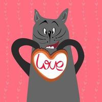 Lycklig valentines katt och hjärtan småkakor kort. romantisk valentines dag hälsning kort eller affisch. 14 februari vektor