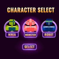 Popup der gerundeten lila Spiel-UI-Charakterauswahl für 2D-GUI-Schnittstellenvektorillustration