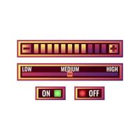 uppsättning roliga lila spel ui kontrollinställningspanelen med på av-knappen och förloppsmenyn för gui tillgångselement vektor