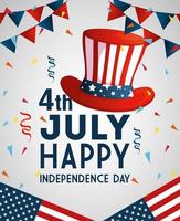 4 Juli glücklichen Unabhängigkeitstag mit Zylinder und Dekoration vektor