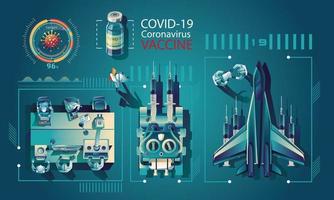 Das medizinische Team und der Wissenschaftler haben den Covid-19-Impfstoff, den Labortest, die Spritze und eine Impfstoffflasche entdeckt, die an dem Test arbeiten. Impfstoffentwicklung bereit für die Behandlung Illustration, Vektor flaches Design