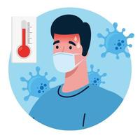 Mann, der eine Gesichtsmaske mit hohem Fiebersymptom des Coronavirus trägt vektor