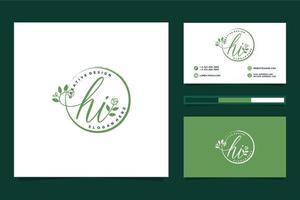 första Hej feminin logotyp samlingar och företag kort templat premie vektor