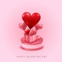 Valentinstag Konzept. rosa Geschenkbox offen am Ständer. voller Herzen und dekorativer Festgegenstände. Vektorillustration. vektor