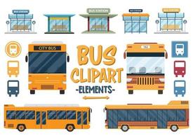 Satz Busreise Clipart. Stadt, Bus, Autobus, Reise, Bahnhof, Wohnung, Tourismus, Transportset. vektor